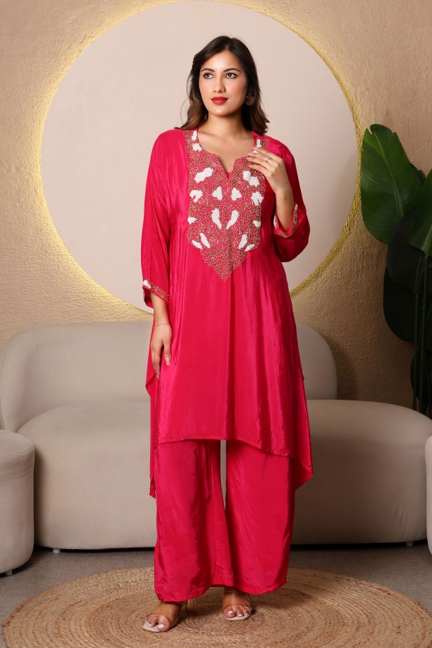 Ruby Radiance Crepe Coord Set – Cutdana Embellished Kaftan Style - Image 5