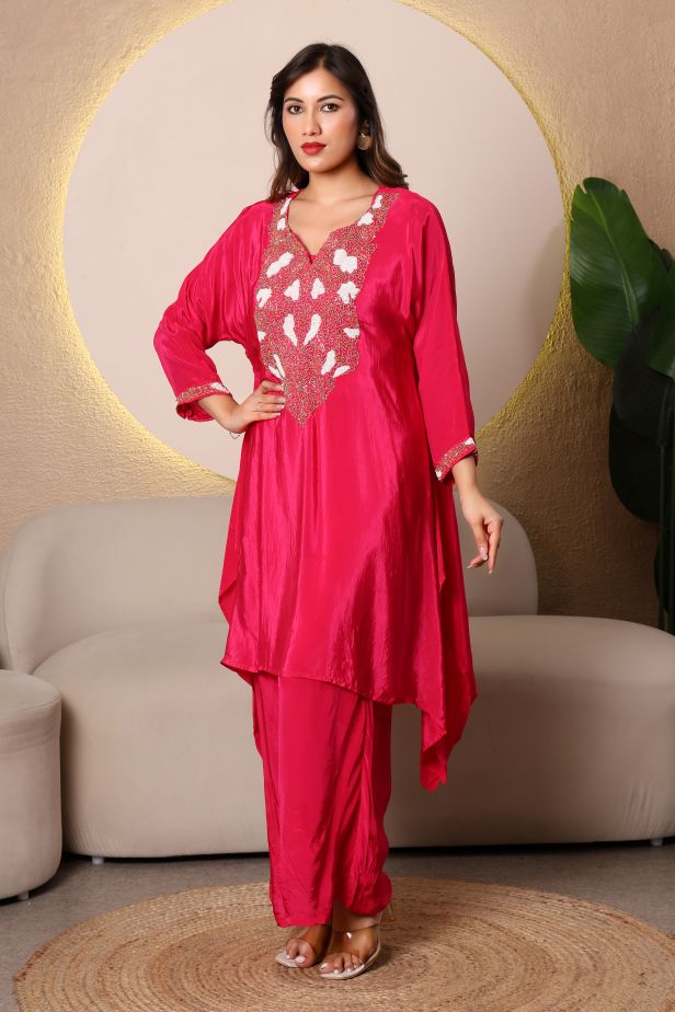 Ruby Radiance Crepe Coord Set – Cutdana Embellished Kaftan Style - Image 4