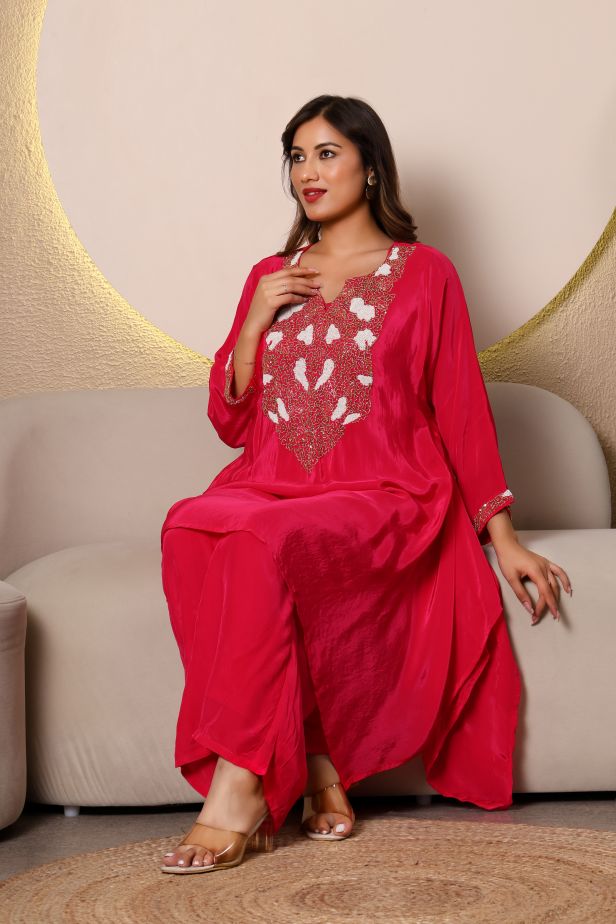 Ruby Radiance Crepe Coord Set – Cutdana Embellished Kaftan Style