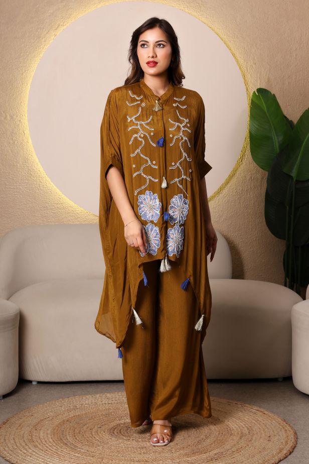 Olive Bloom Chinnon Chiffon Kaftan Set – Handwork Elegance - Image 5
