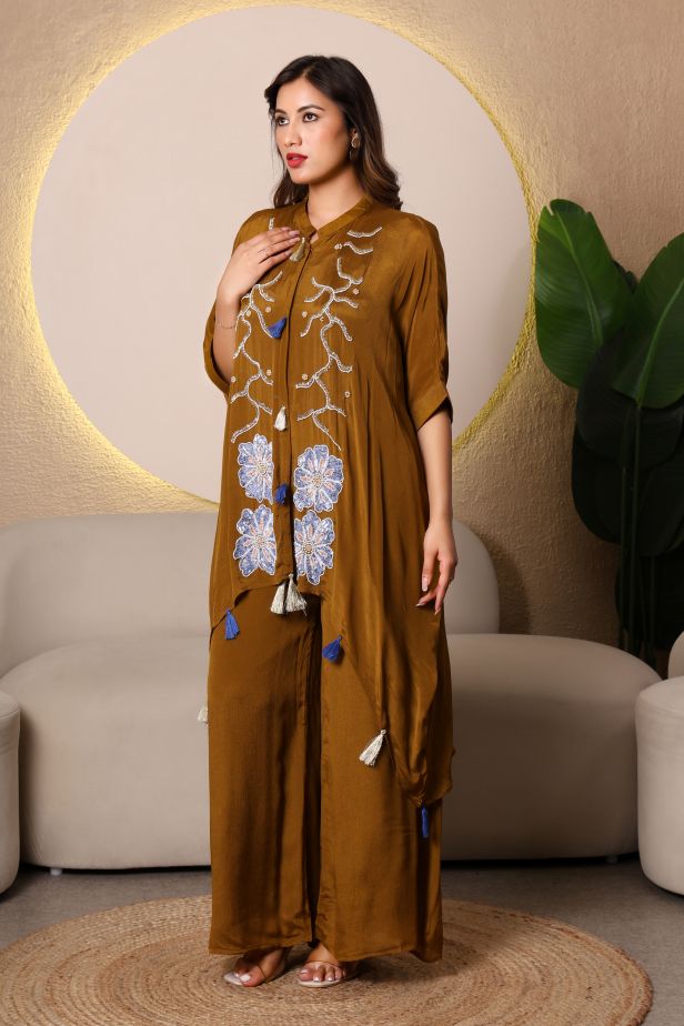 Olive Bloom Chinnon Chiffon Kaftan Set – Handwork Elegance - Image 4