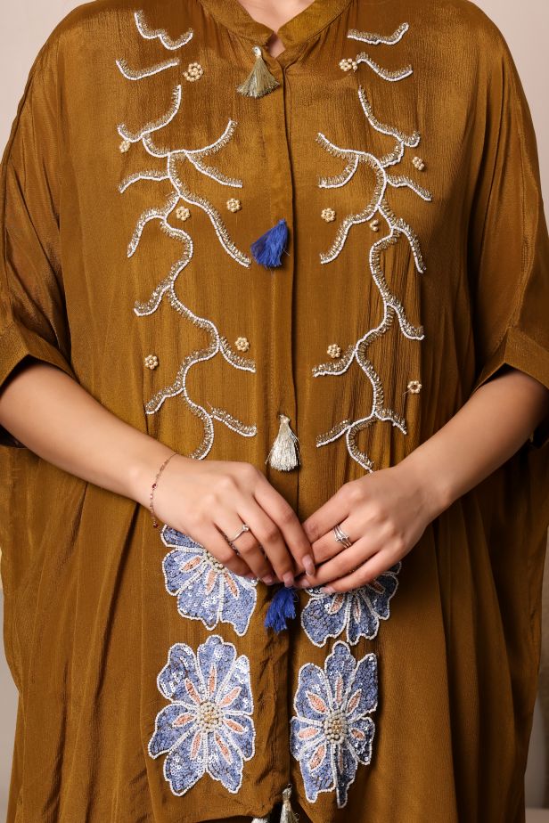 Olive Bloom Chinnon Chiffon Kaftan Set – Handwork Elegance - Image 2