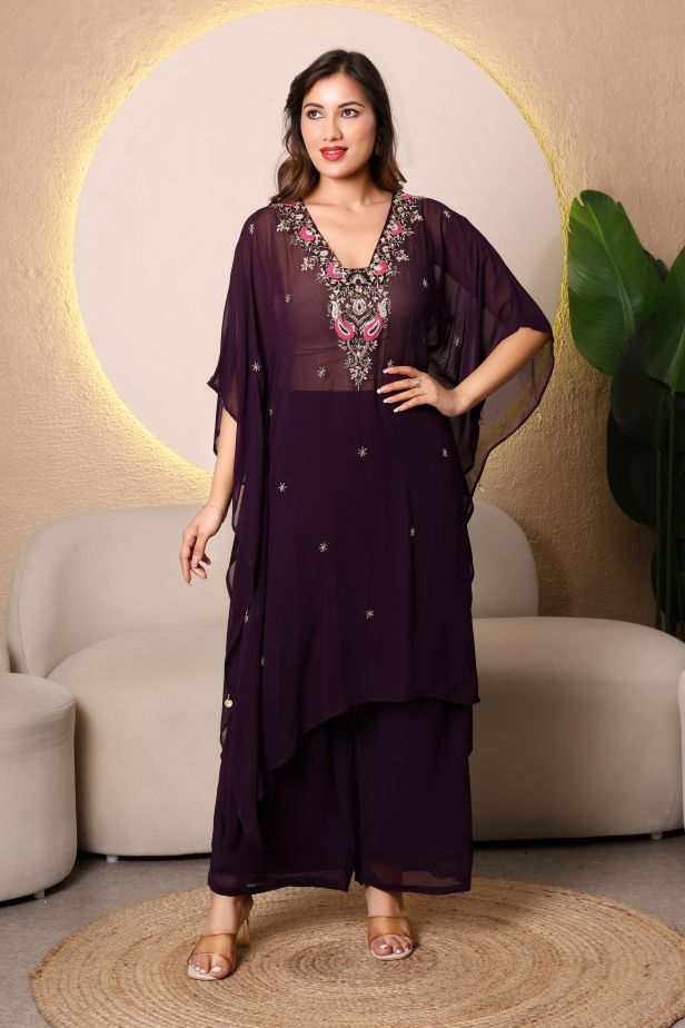 Royal Wine Pure Georgette Kaftan Set – Hand Embroidered Elegance - Image 5