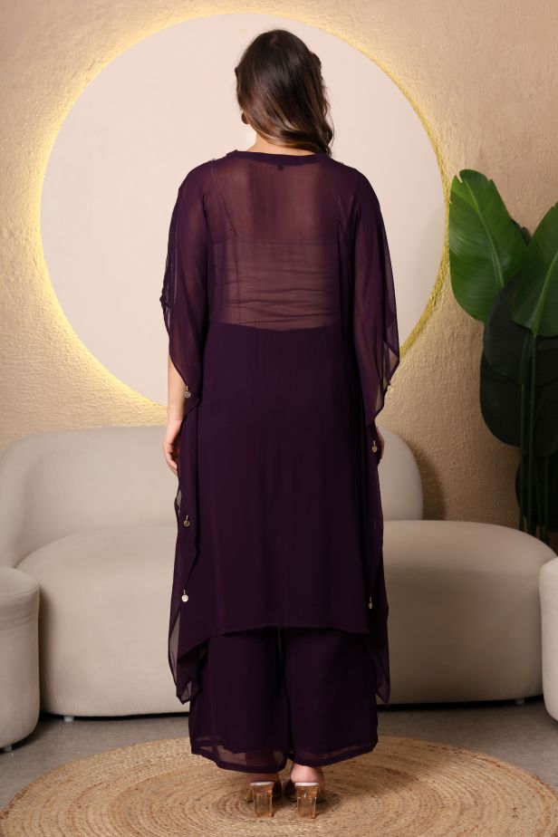 Royal Wine Pure Georgette Kaftan Set – Hand Embroidered Elegance - Image 6