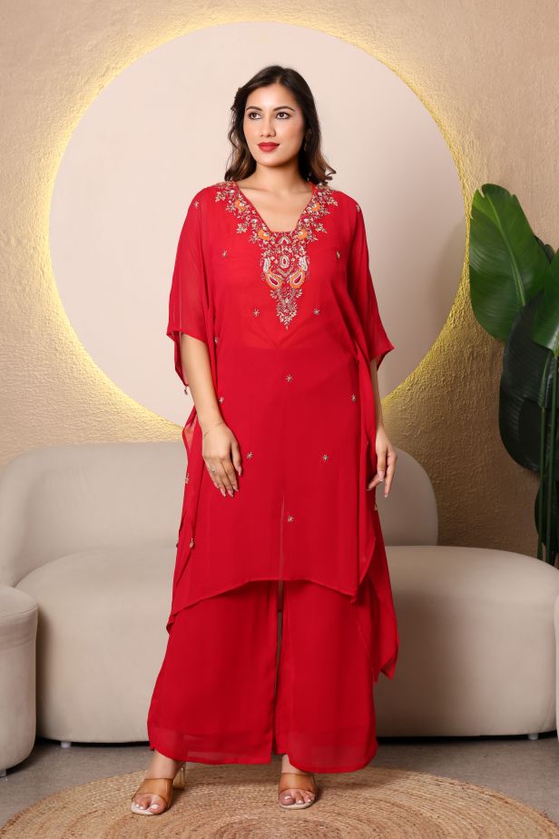 Festive Red Pure Georgette Kaftan Set – Cutdana & Thread Embroidery - Image 5