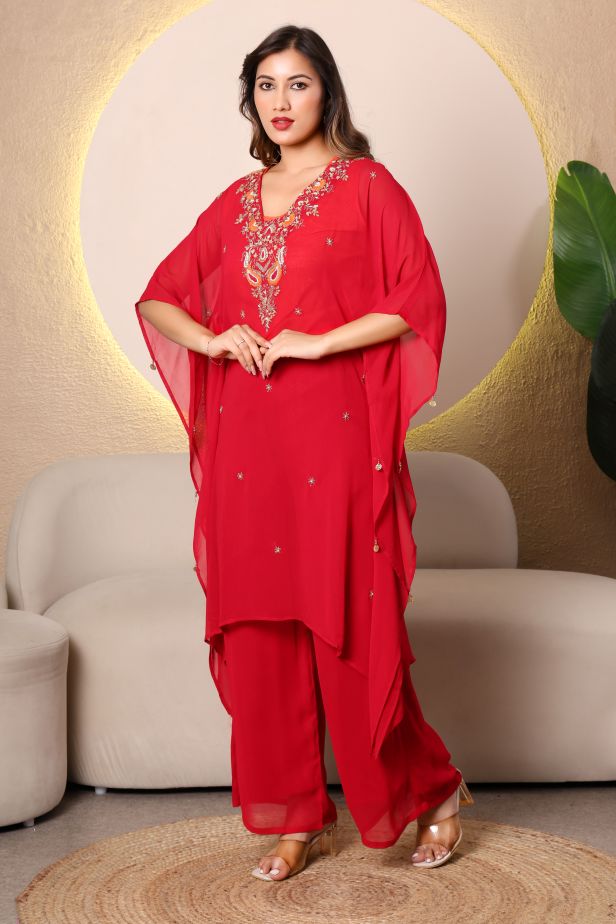 Festive Red Pure Georgette Kaftan Set – Cutdana & Thread Embroidery - Image 4