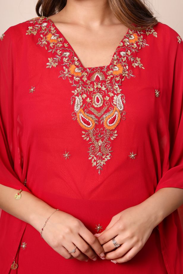 Festive Red Pure Georgette Kaftan Set – Cutdana & Thread Embroidery - Image 2
