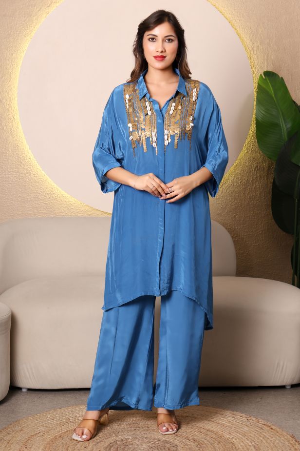 Soft Blue Crepe Coord Set – Sequins & Kudi Boho Embroidery - Image 5