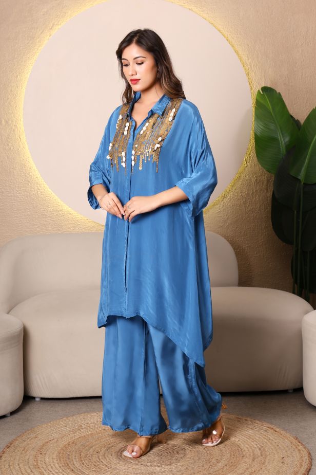 Soft Blue Crepe Coord Set – Sequins & Kudi Boho Embroidery - Image 4