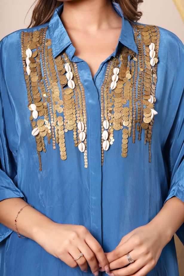 Soft Blue Crepe Coord Set – Sequins & Kudi Boho Embroidery - Image 2