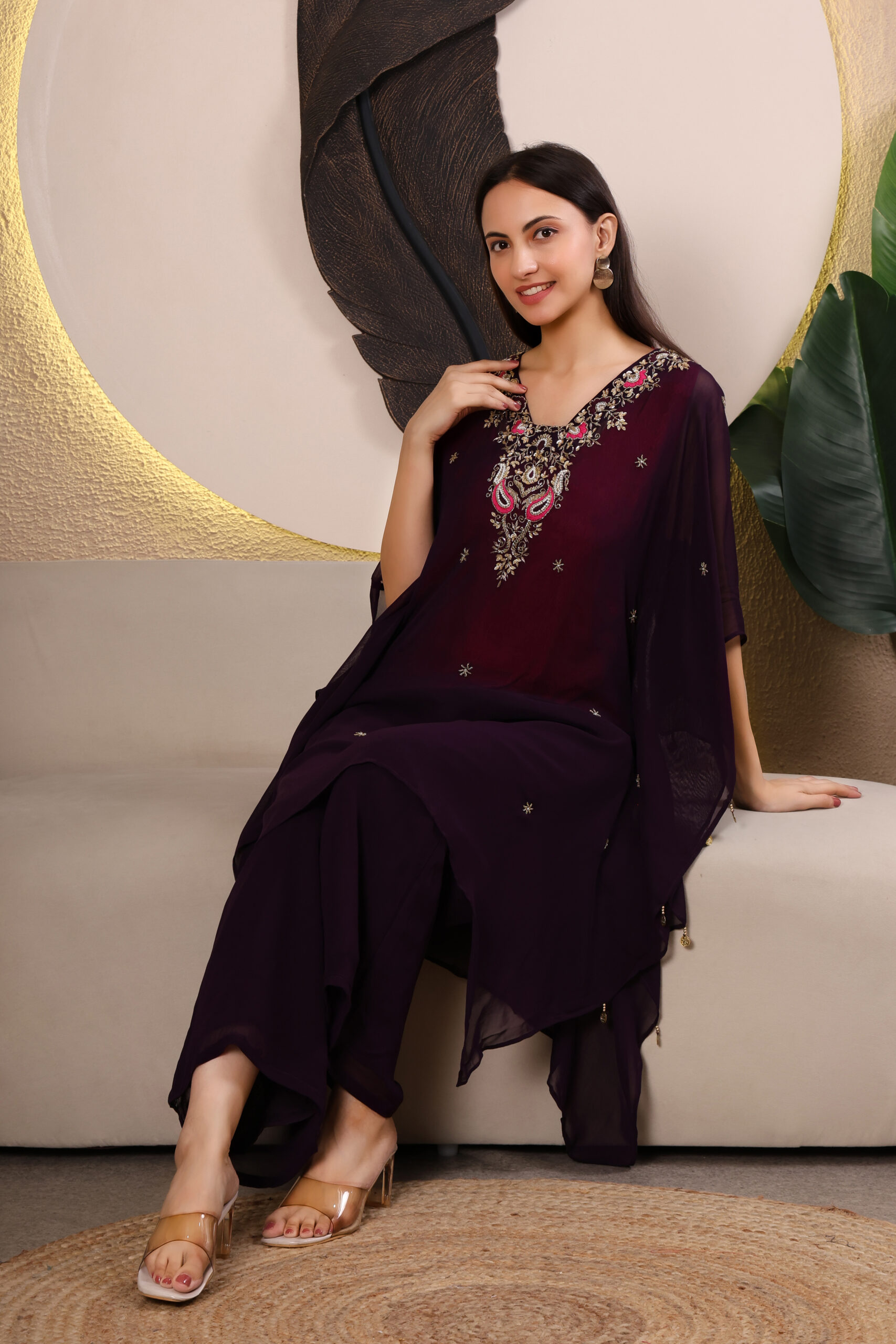 Royal Wine Pure Georgette Kaftan Set – Hand Embroidered Elegance