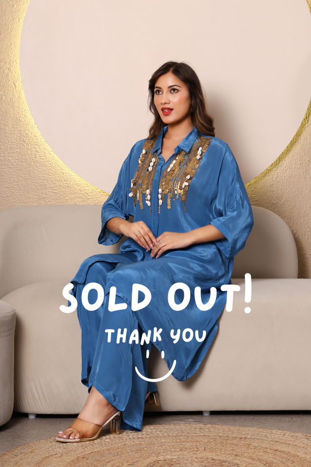 Soft Blue Crepe Coord Set – Sequins & Kudi Boho Embroidery