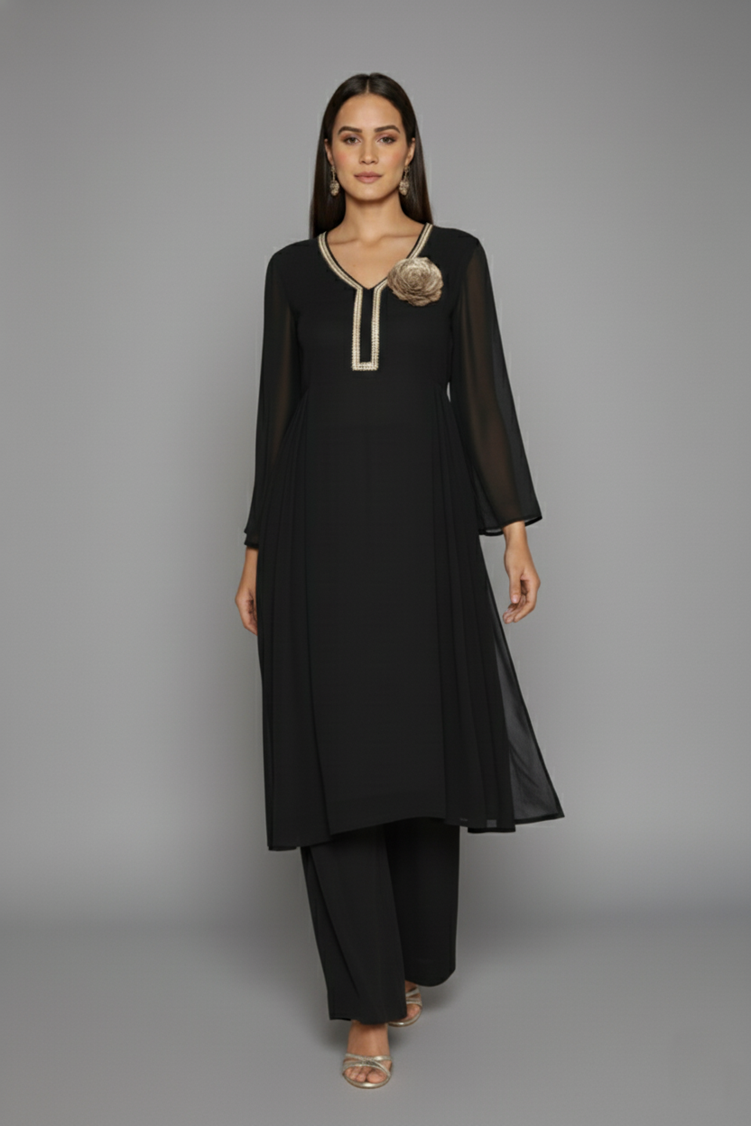 Noir Radiance Stone-Work Kurti Set
