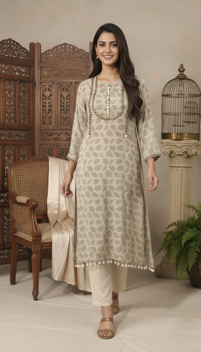 Sand Beige Shell-Trim Crepe CO-Ord Set