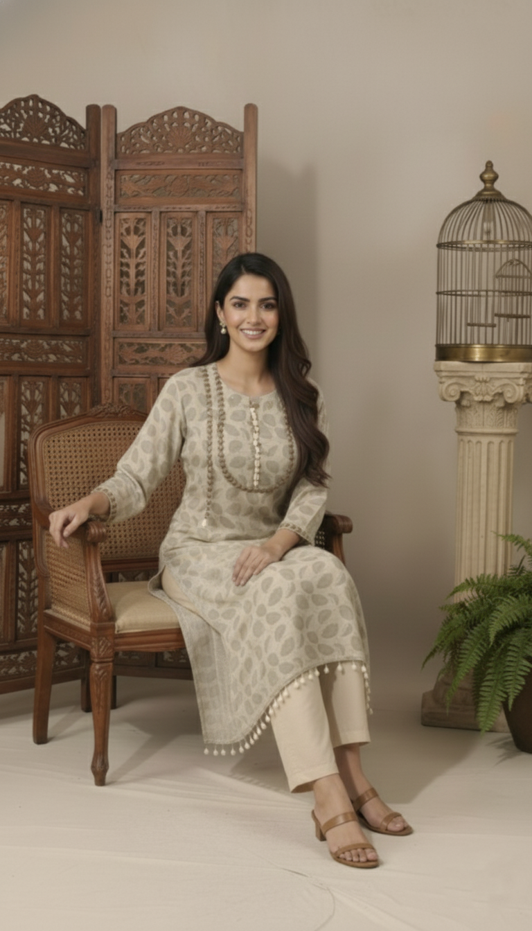 Sand Beige Shell-Trim Crepe CO-Ord Set - Image 2