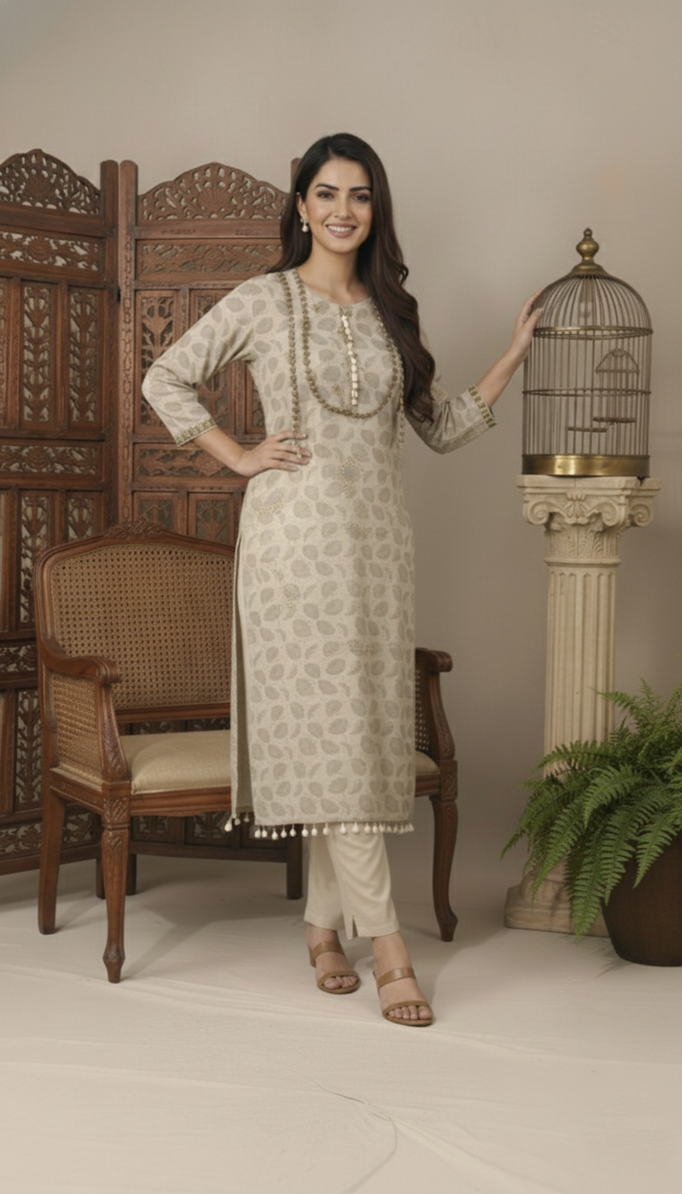 Sand Beige Shell-Trim Crepe CO-Ord Set - Image 3