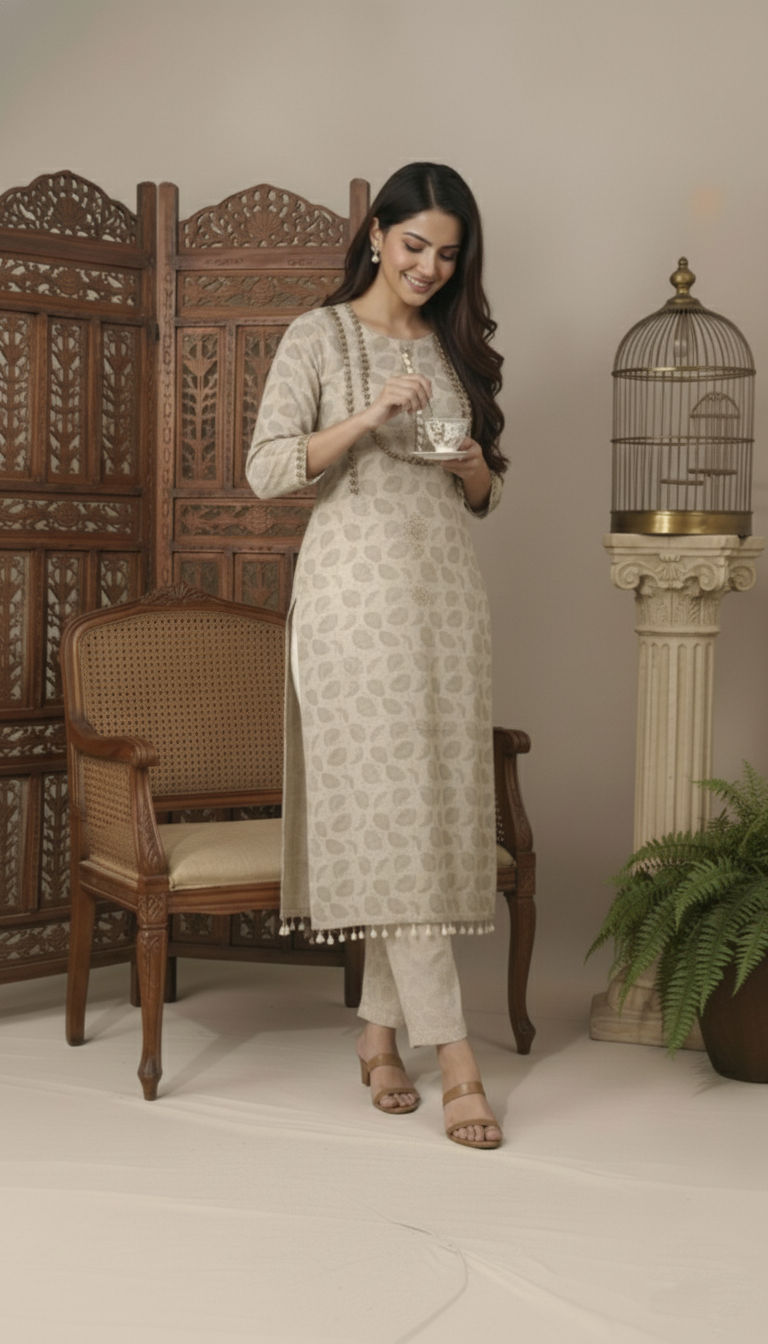 Sand Beige Shell-Trim Crepe CO-Ord Set - Image 4