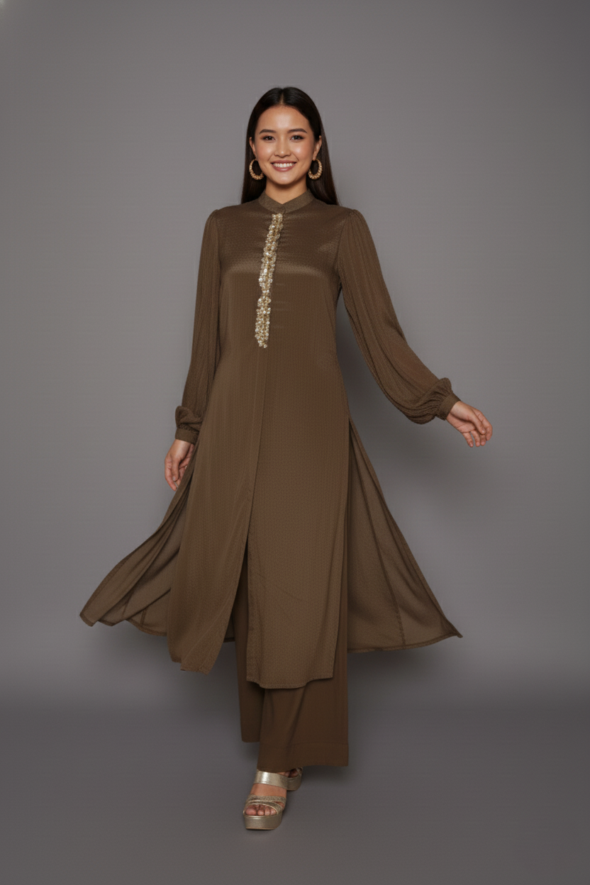 Pearl-Sequin Zardozi Kurti & Crepe Pants Set - Image 2
