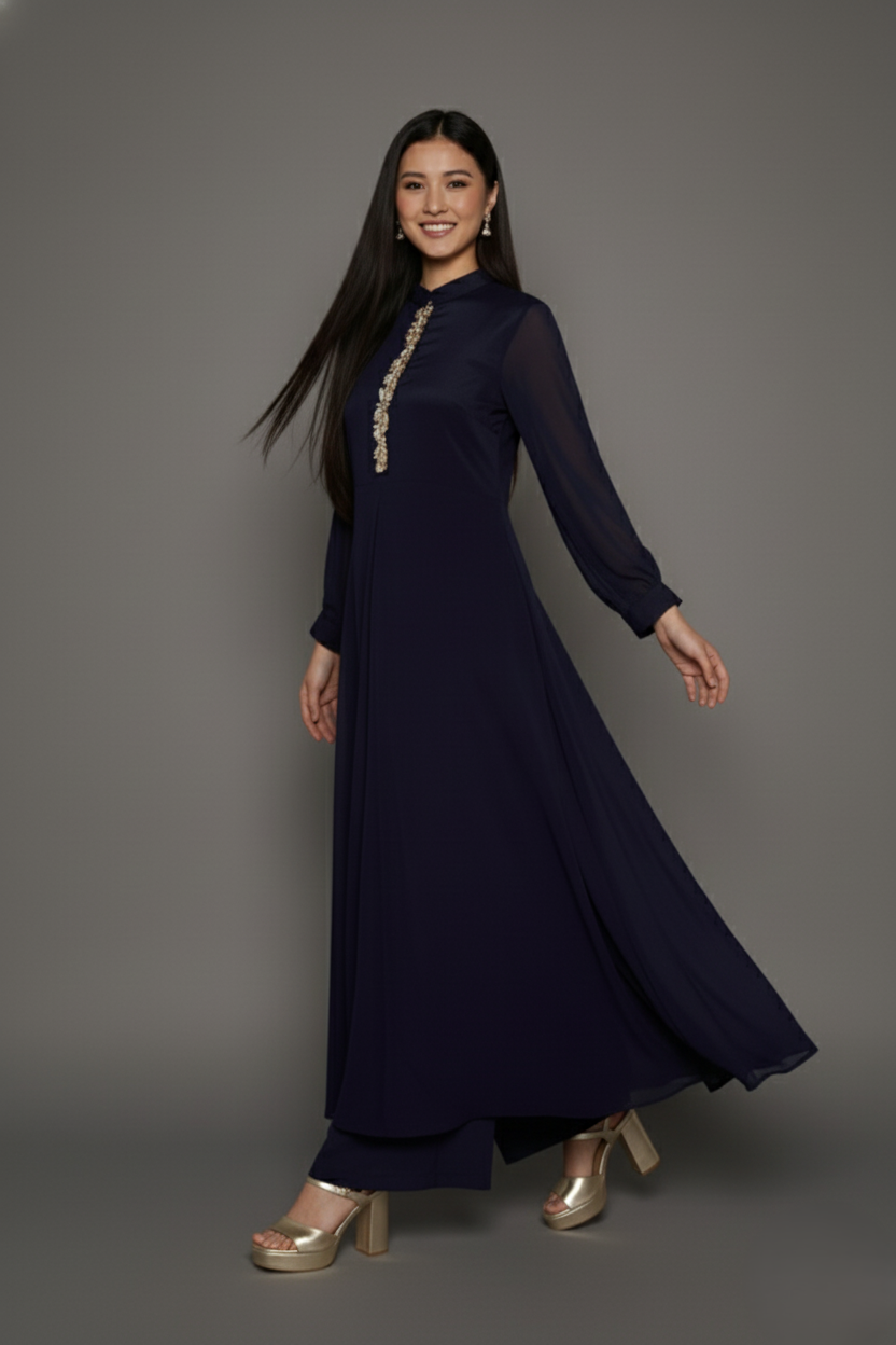 Midnight Navy Embellished Long Kurta Set - Image 2
