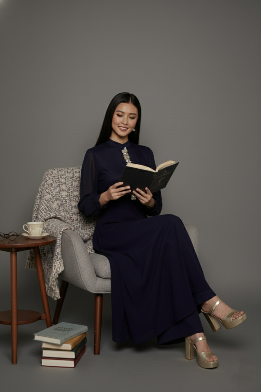 Midnight Navy Embellished Long Kurta Set - Image 3