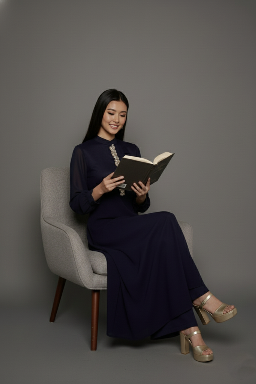 Midnight Navy Embellished Long Kurta Set - Image 4